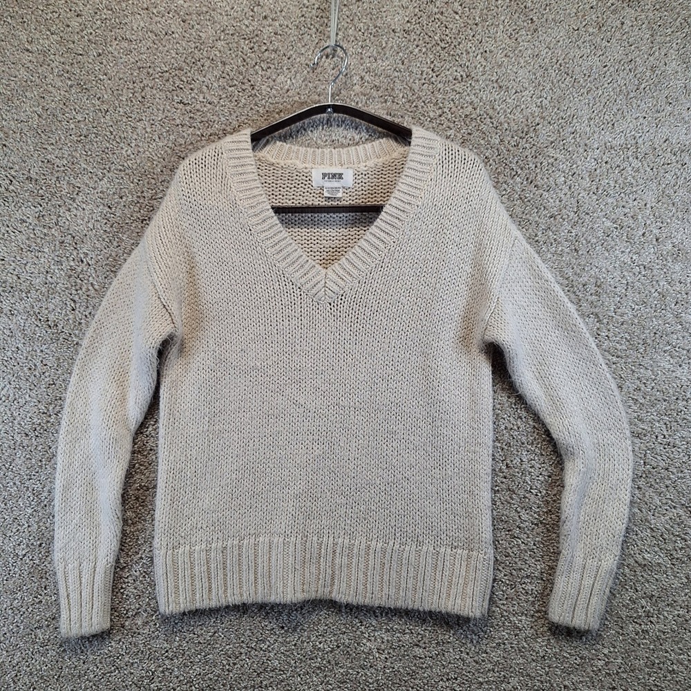 PINK‎ Victoria's Secret Sweater Womens XS Beige V-Neck Chunky Knit Cozy